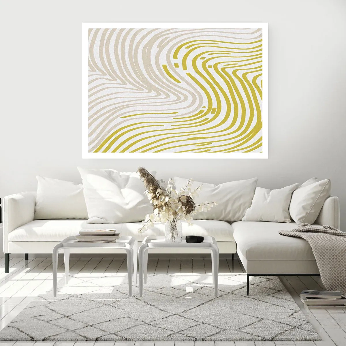Affiche - Poster - Un motif abstrait avec des lignes ondulées dans des tons de jaune et de beige. - 100x70cm - Une composition au léger virage - Décoration murale moderne pour le salon et la chambre ARTTOR