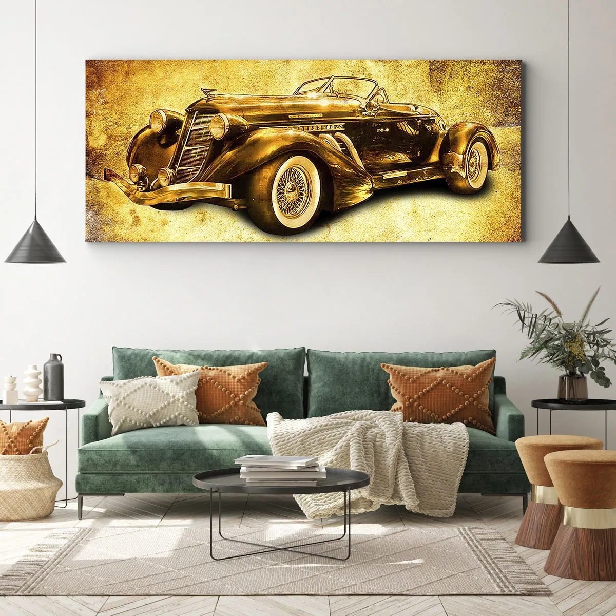 Impression sur toile - Image sur toile - Un cabriolet rétro doré classique sur un fond vintage aux couleurs chaudes. - 120x50cm - L'élite de l'élite - Décoration murale moderne pour le salon et la chambre ARTTOR