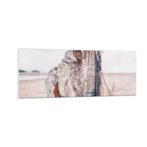 Impression sur verre - Image sur verre - Femme de style bohème avec guitare sur la plage - 140x50cm - Enfant de fleur en route - Décoration murale moderne pour le salon et la chambre ARTTOR