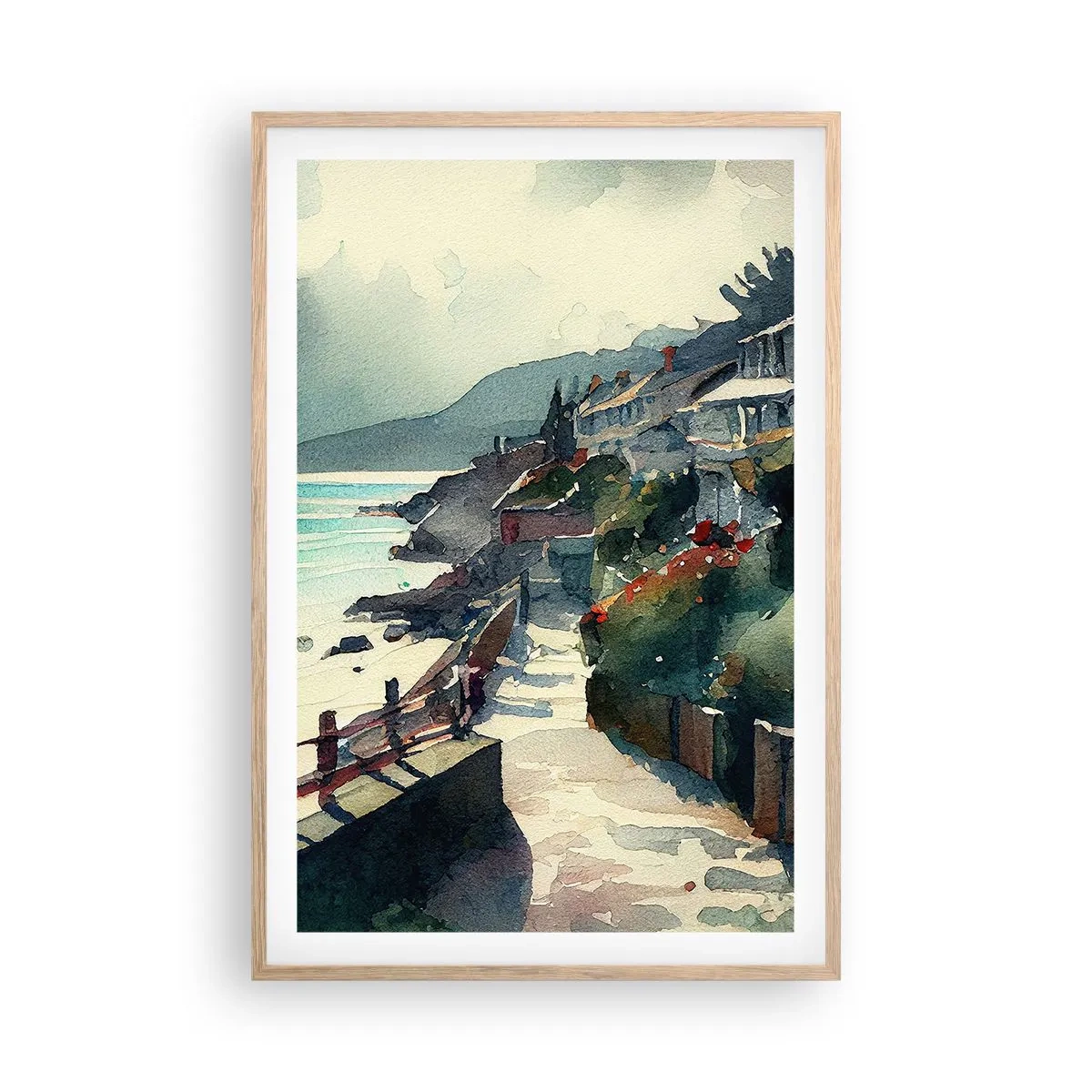 Affiche dans un chêne clair - Poster - Ville méditerranéenne - 61x91 cm