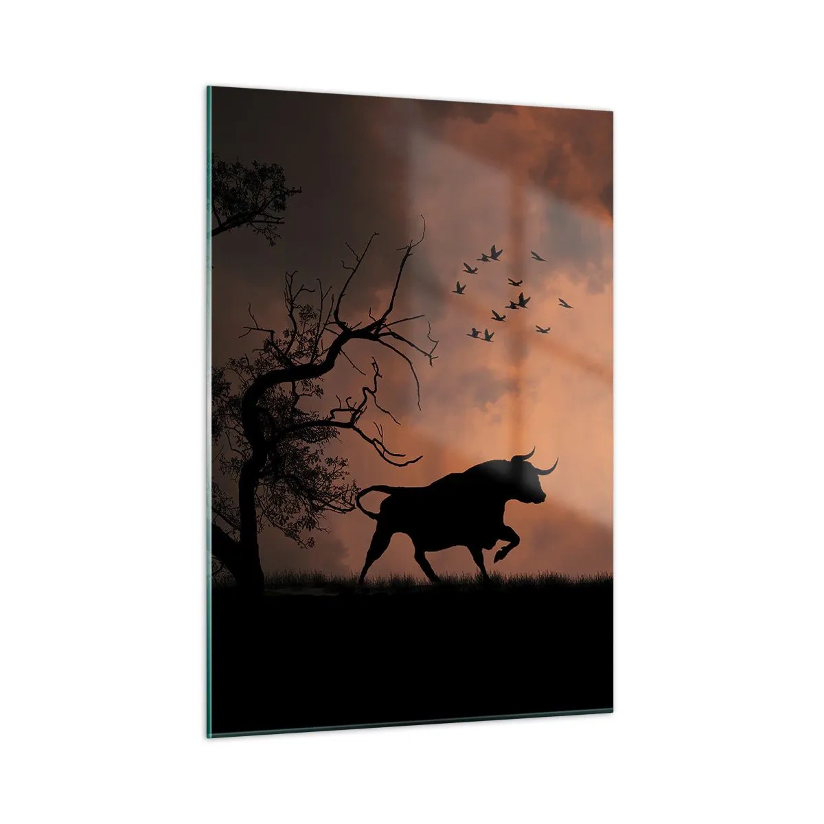Impression sur verre - Image sur verre - Silhouettes de taureaux sur un ciel orange au crépuscule - 50x70cm - Un spectacle dramatique de la nature - Décoration murale moderne pour le salon et la chambre ARTTOR