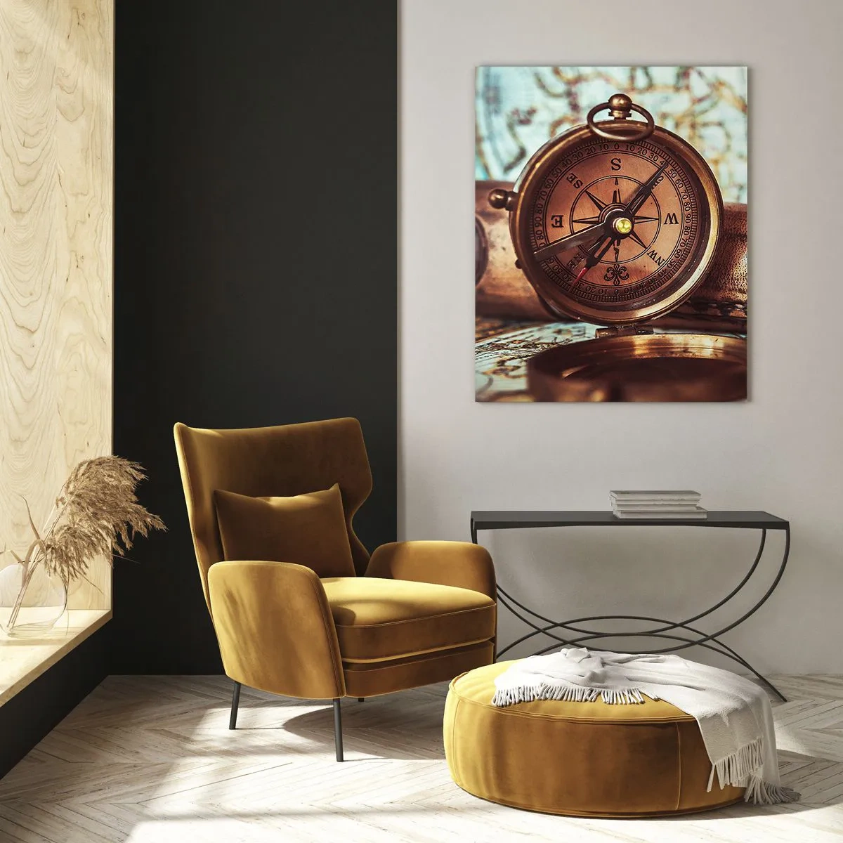 Impression sur verre - Image sur verre - Une boussole et une carte antiques sur fond d'aventures de pirates - 50x70cm - Une aventure de pirates dans les Caraïbes vous attend - Décoration murale moderne pour le salon et la chambre ARTTOR