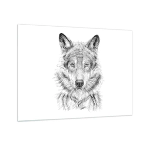 Impression sur verre - Image sur verre - Croquis noir et blanc d'une tête de loup sur fond blanc - 70x50cm - Un leader né - Décoration murale moderne pour le salon et la chambre ARTTOR