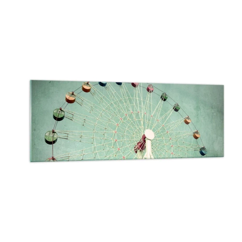 Impression sur verre - Image sur verre - Une grande roue colorée contre un ciel bleu dans un style rétro - 140x50cm - Nous vous invitons à vous amuser - Décoration murale moderne pour le salon et la chambre ARTTOR