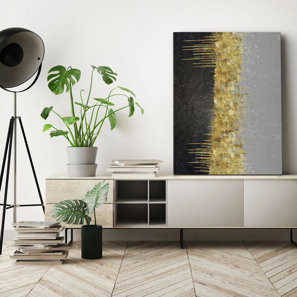 Impression sur toile - Image sur toile - Composition abstraite dans les tons d'or et de noir - 50x70cm - Vers l'intérieur et vers le haut - Décoration murale moderne pour le salon et la chambre ARTTOR
