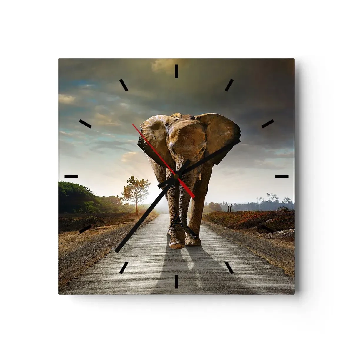 Horloge murale - Pendule murale - Un éléphant marchant le long d'une route à travers un paysage au coucher du soleil - 30x30cm - Et pas du tout en porcelaine - Décoration murale moderne pour le salon et la chambre ARTTOR