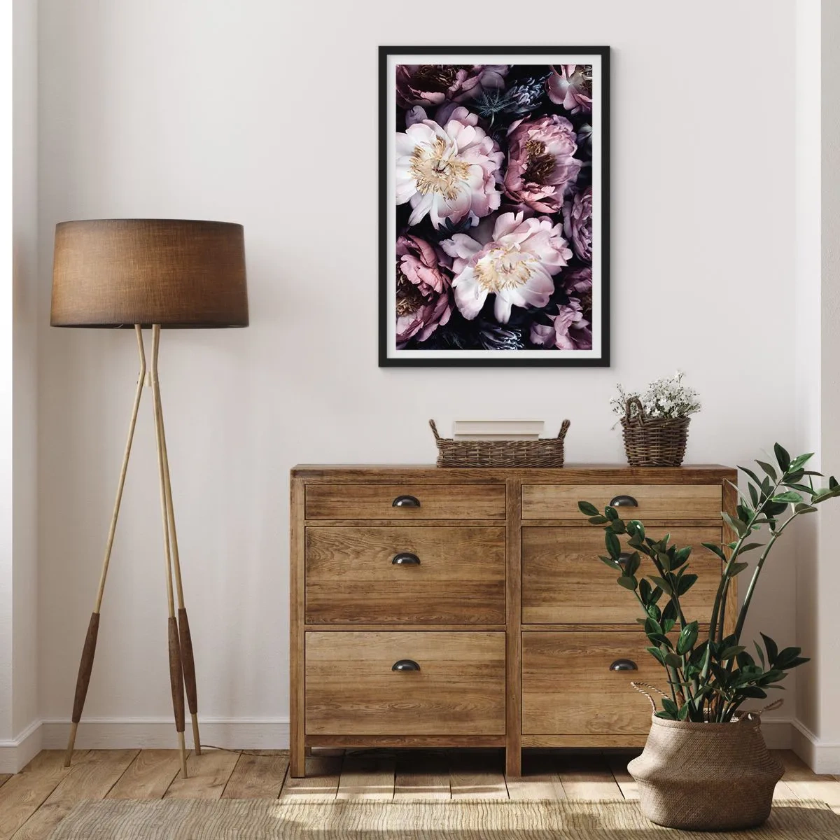 Affiche dans un cadre noir - Poster - Fleurs de pivoine délicates aux couleurs douces - 50x70cm - Bouquet à l'ancienne - Décoration murale moderne pour le salon et la chambre ARTTOR