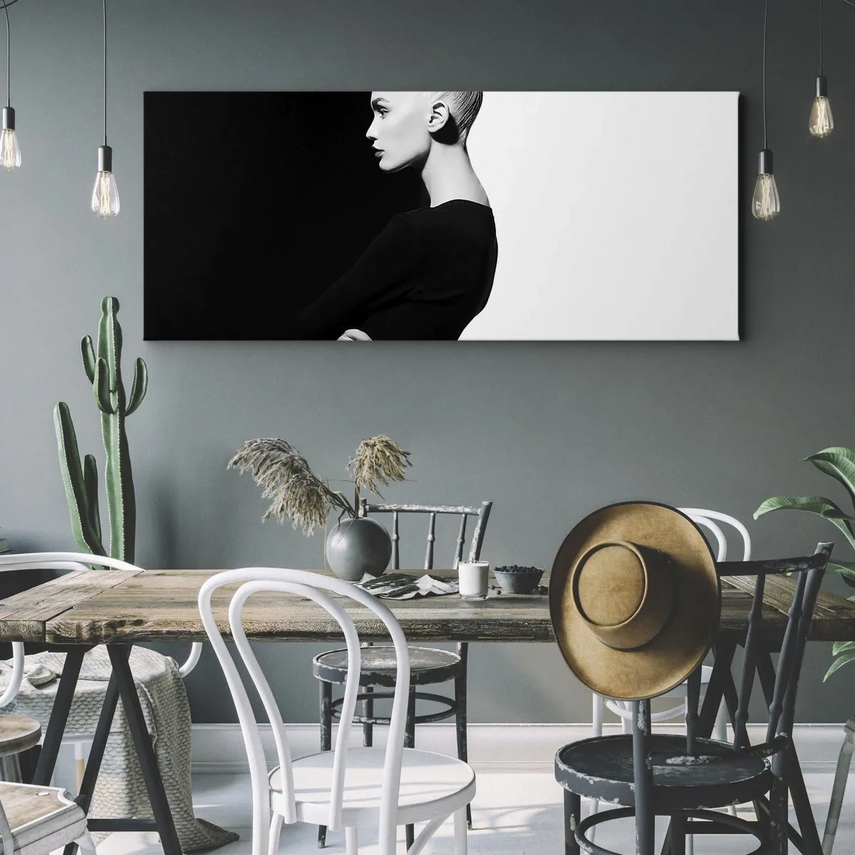 Impression sur toile - Image sur toile - Portrait élégant d'une femme sur fond noir et blanc - 160x50cm - Tout simplement une femme - Décoration murale moderne pour le salon et la chambre ARTTOR