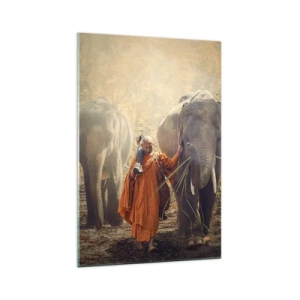 Impression sur verre - Image sur verre - Un moine en robe orange conduit un éléphant dans la forêt. - 70x100cm - Compréhension totale - Décoration murale moderne pour le salon et la chambre ARTTOR