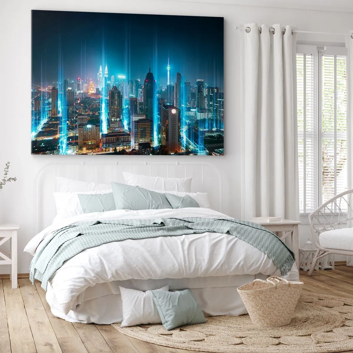 Impression sur toile - Image sur toile - Une ville moderne la nuit avec des accents d'éclairage futuristes. - 70x50cm - À Berlin au paradis - Décoration murale moderne pour le salon et la chambre ARTTOR