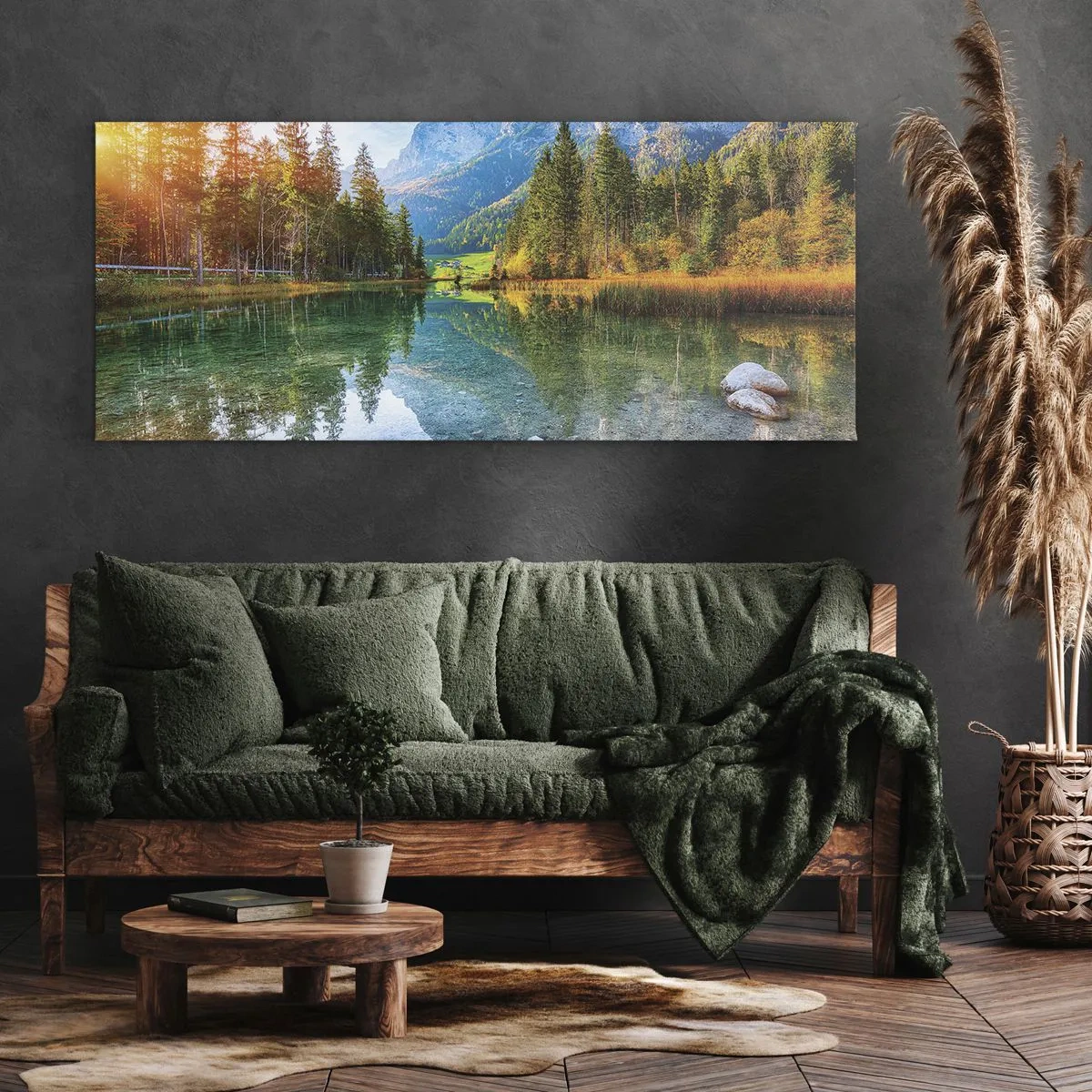 Impression sur toile - Image sur toile - Un lac pittoresque entouré de montagnes et de forêts - 160x50cm - Douceur automnale - Décoration murale moderne pour le salon et la chambre ARTTOR