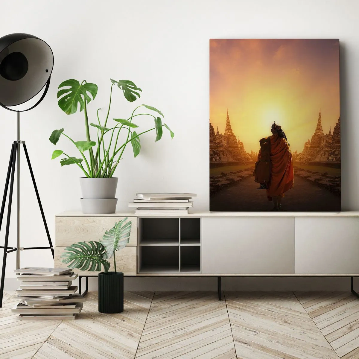 Impression sur toile - Image sur toile - Un moine parmi les temples au coucher du soleil - 80x120cm - En paix pour l'éternité - Décoration murale moderne pour le salon et la chambre ARTTOR