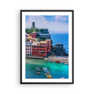 Affiche dans un cadre noir - Poster - Une ville colorée au bord de la mer bleue - 50x70cm - Petite ville magique de méditerranée - Décoration murale moderne pour le salon et la chambre ARTTOR