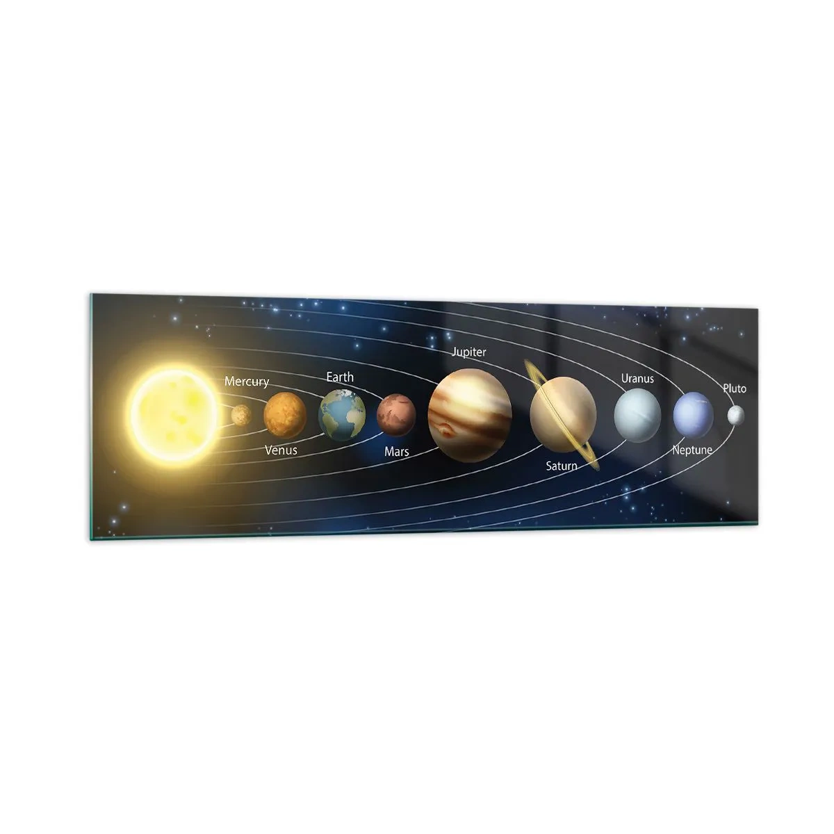 Impression sur verre - Image sur verre - Schéma du système solaire avec les planètes et le soleil - 160x50cm - L'une des dix - Décoration murale moderne pour le salon et la chambre ARTTOR