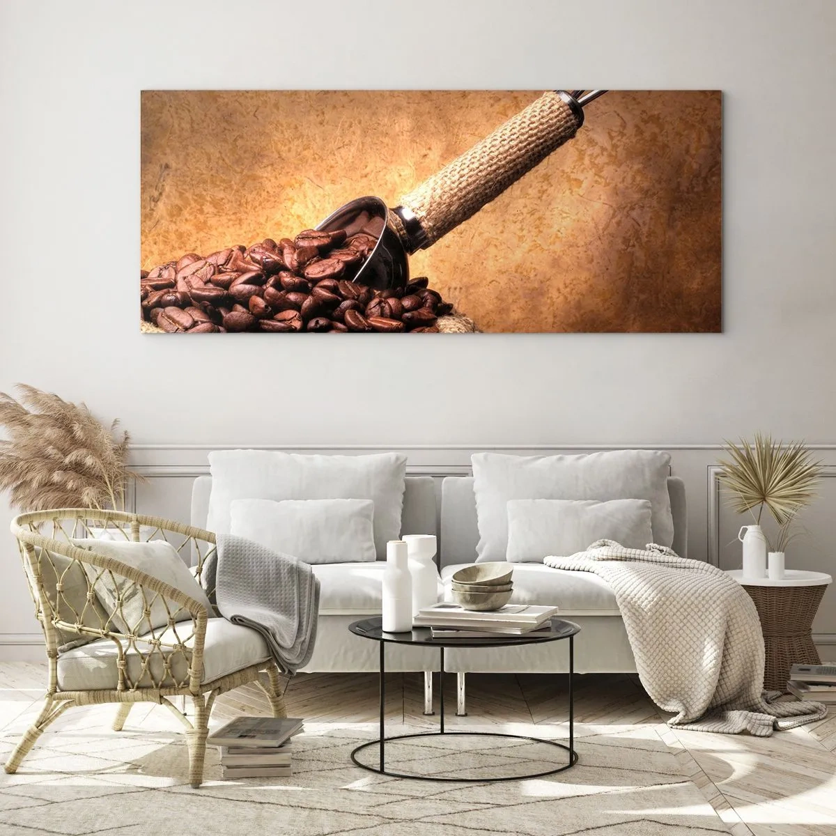 Impression sur verre - Image sur verre - Grains de café dans un sac en jute avec une cuillère en métal - 160x50cm - A la source de la saveur - Décoration murale moderne pour le salon et la chambre ARTTOR