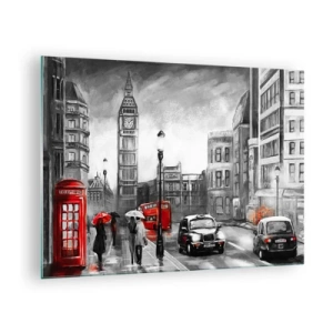 Impression sur verre - Image sur verre - Big Ben et les rues de Londres avec des accents rouges sur fond gris - 70x50cm - Pas du tout une ville grise - Décoration murale moderne pour le salon et la chambre ARTTOR