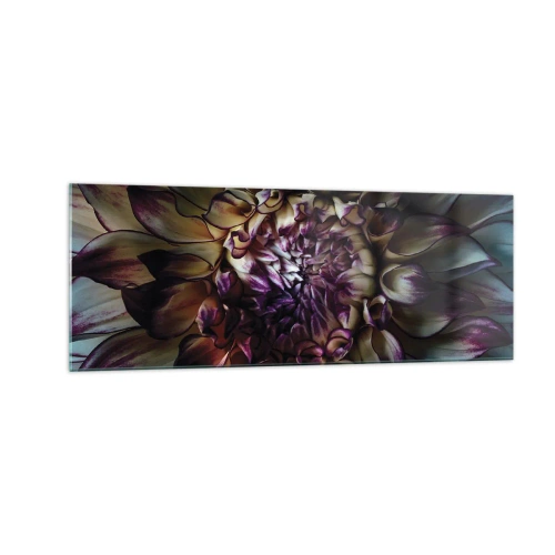 Impression sur verre - Image sur verre - Gros plan d'une fleur de dahlia dans des tons sombres - 140x50cm - L'apogée de la jeunesse - Décoration murale moderne pour le salon et la chambre ARTTOR