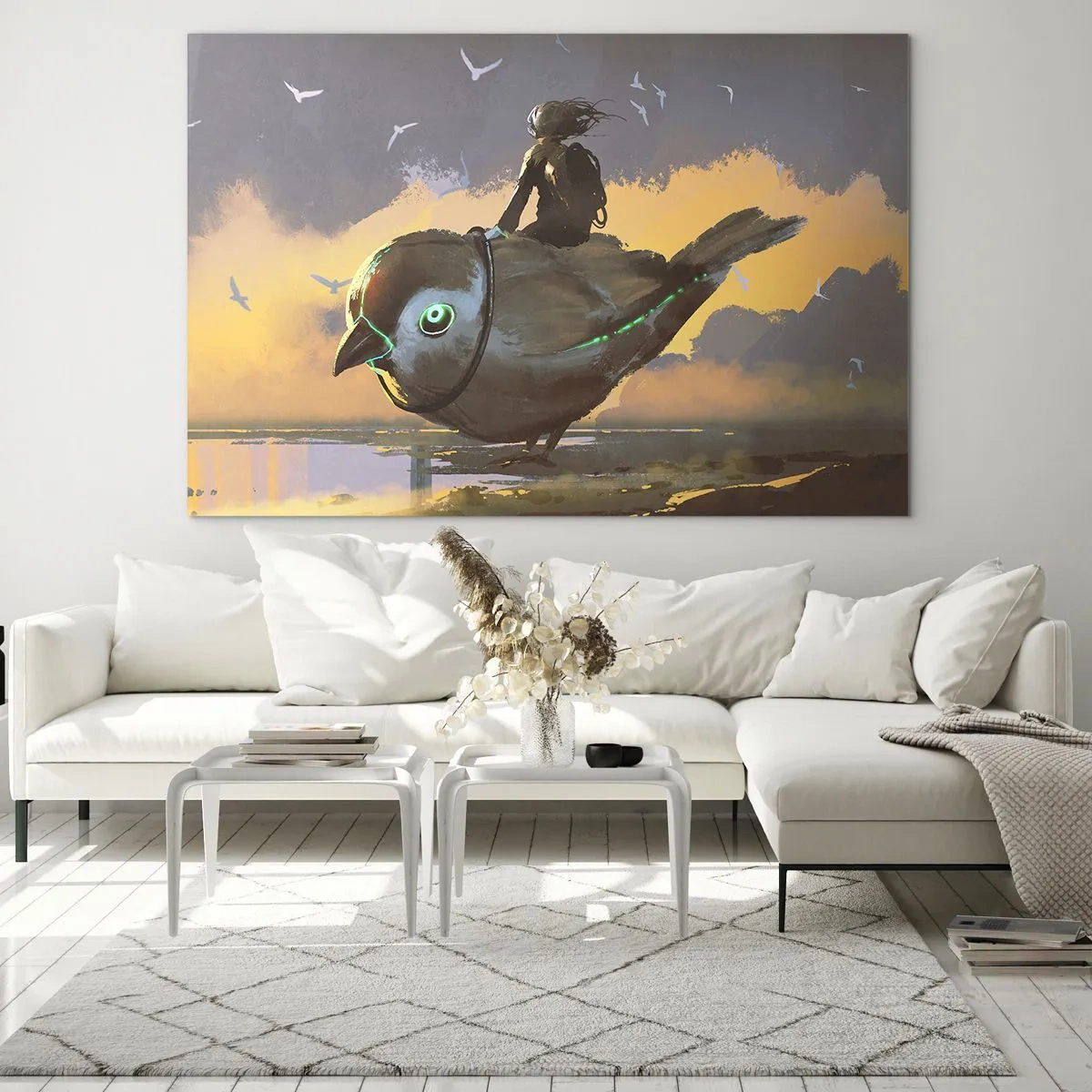 Impression sur verre - Image sur verre - Une figure sur un oiseau géant à la lumière du soleil couchant - 70x50cm - Un arrêt sur un voyage fantastique - Décoration murale moderne pour le salon et la chambre ARTTOR