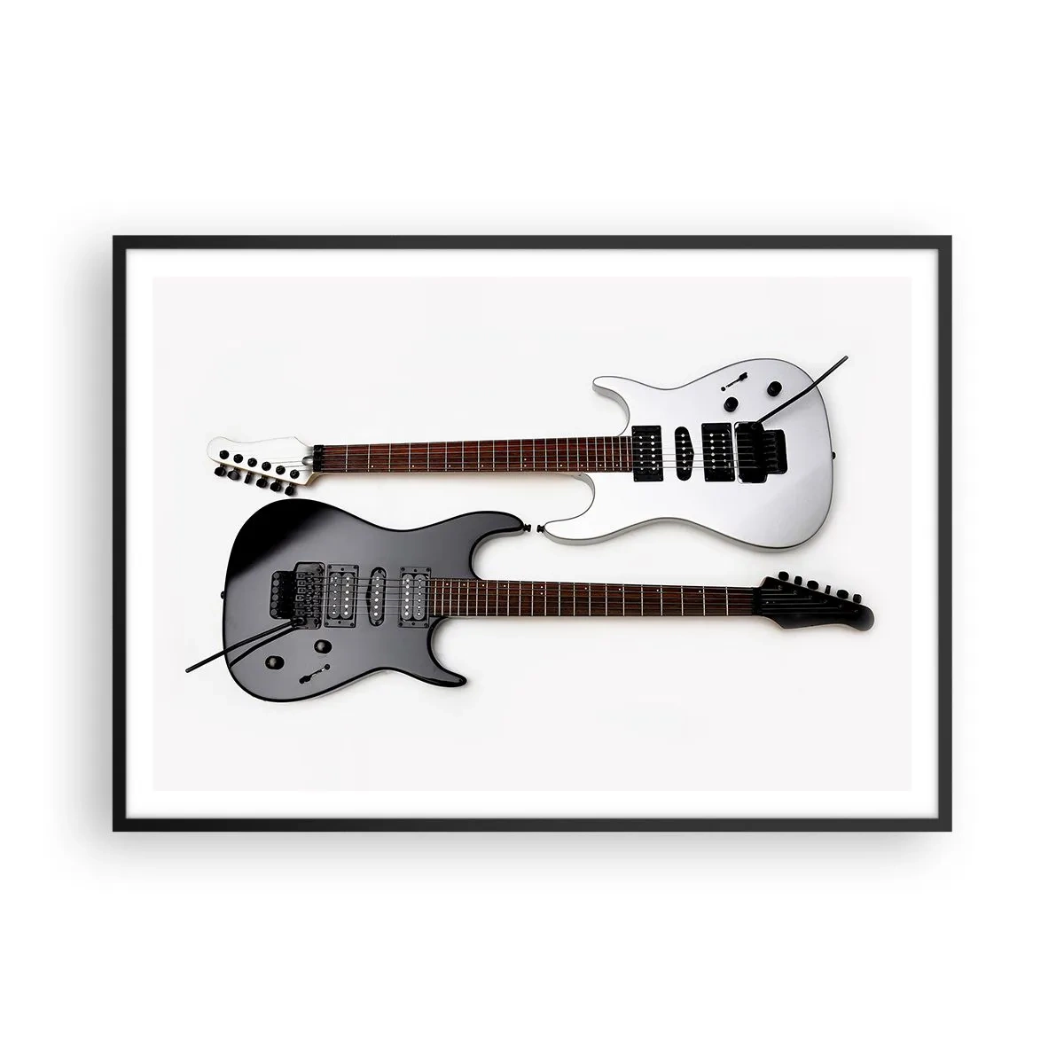 Affiche dans un cadre noir - Poster - Deux guitares électriques en noir et blanc sur fond clair. - 100x70cm - Harmonie des formes - Décoration murale moderne pour le salon et la chambre ARTTOR
