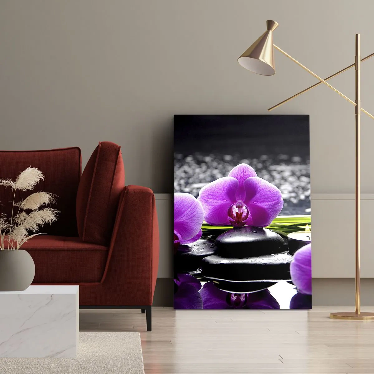Impression sur toile - Image sur toile - Orchidées violettes sur fond de pierres et de bougies dans un cadre relaxant - 50x70cm - Se noyer dans la paix et la tranquillité - Décoration murale moderne pour le salon et la chambre ARTTOR