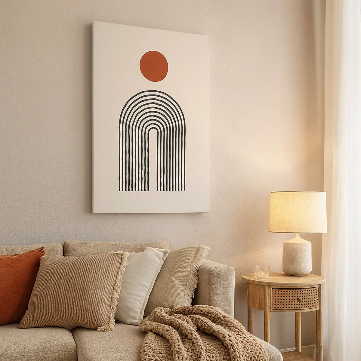 Impression sur toile - Image sur toile - Motif abstrait moderne avec des lignes et un cercle rouge - 50x70cm - Le magnétisme des formes et des couleurs - Décoration murale moderne pour le salon et la chambre ARTTOR