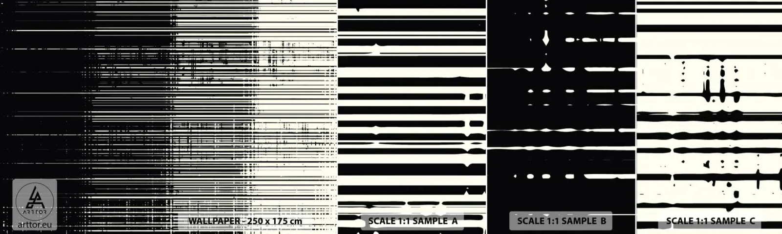 Échantillon de Papier Peint Autocollant Deluxe Sticker - Ondes et vibrations - Noir et blanc, Codes-barres, Lignes - 100x30 cm