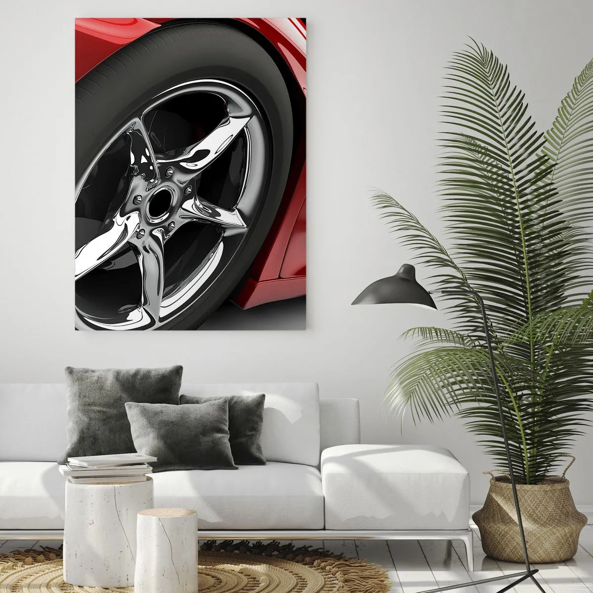 Impression sur verre - Image sur verre - Détail d'une voiture de sport rouge avec une jante chromée - 50x70cm - Conçu pour la vitesse - Décoration murale moderne pour le salon et la chambre ARTTOR