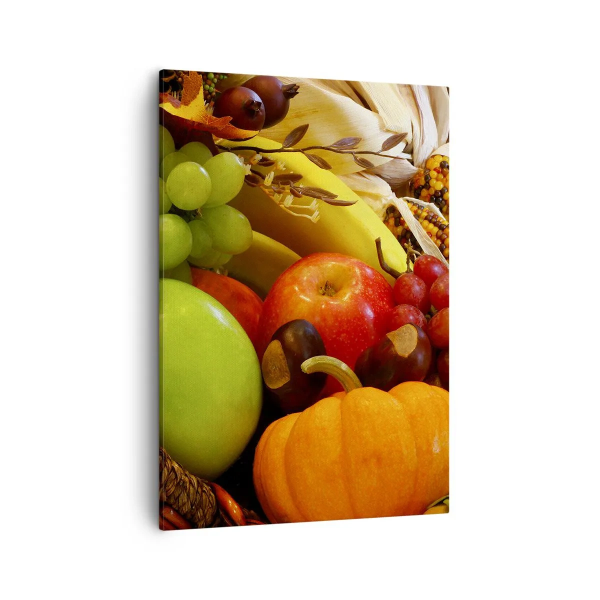 Impression sur toile - Image sur toile - Un panier de fruits, de citrouilles et de maïs sur fond de couleurs d'automne. - 50x70cm - Panier de récolte - Décoration murale moderne pour le salon et la chambre ARTTOR