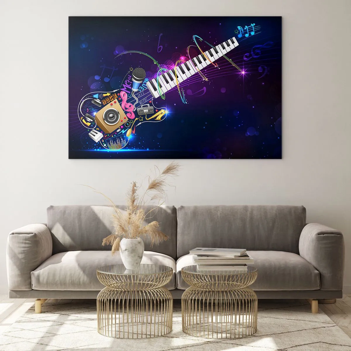 Impression sur verre - Image sur verre - Composition musicale colorée avec instruments et notes - 100x70cm - Et tout va bien - Décoration murale moderne pour le salon et la chambre ARTTOR