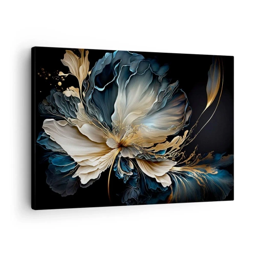 Impression sur toile - Image sur toile - Une fleur dans les tons or et bleu marine sur fond noir - 70x50cm - Fleur de fougère de conte de fées - Décoration murale moderne pour le salon et la chambre ARTTOR