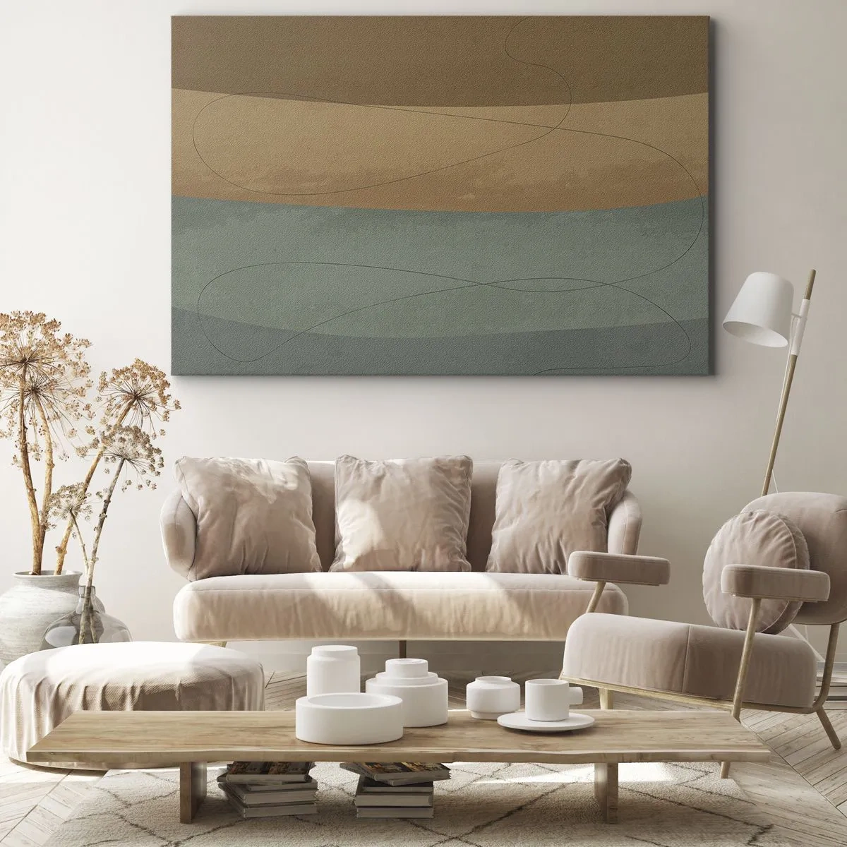 Impression sur toile - Image sur toile - Composition abstraite dans des tons de terre naturels - 100x70cm - Composition horizontale - Décoration murale moderne pour le salon et la chambre ARTTOR
