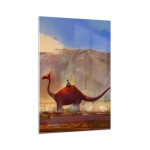 Impression sur verre - Image sur verre - Une scène fantastique avec un cavalier sur une créature préhistorique - 70x100cm - S'ils n'avaient pas disparu - Décoration murale moderne pour le salon et la chambre ARTTOR