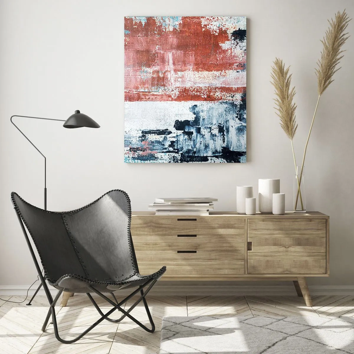 Impression sur verre - Image sur verre - Abstraction aux couleurs blanc, bleu et brique - 80x120cm - Moitié-moitié abstrait - Décoration murale moderne pour le salon et la chambre ARTTOR