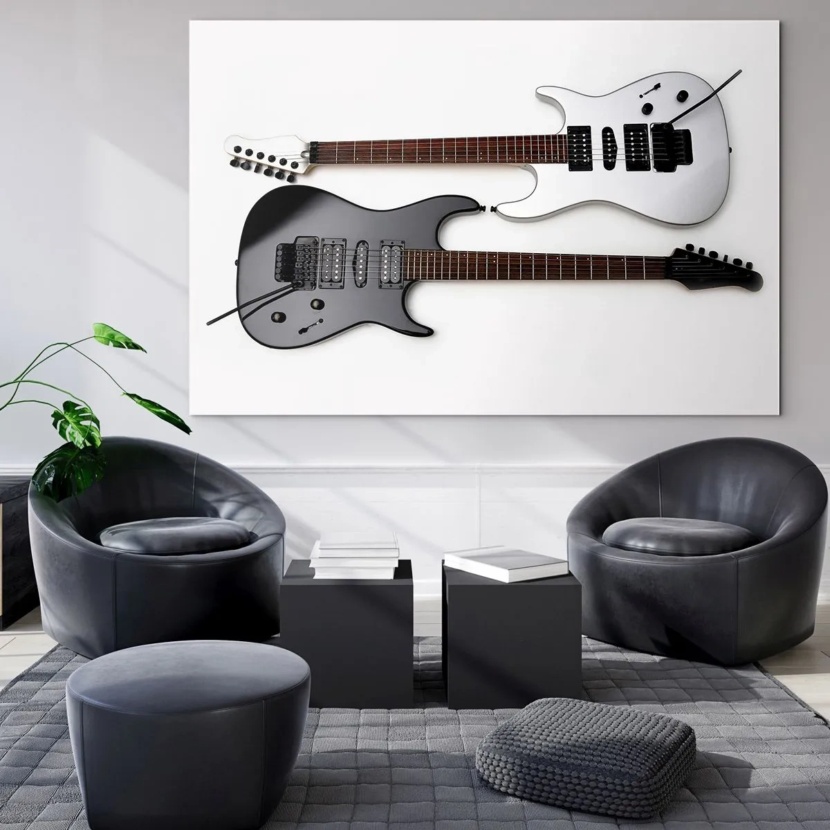 Impression sur verre - Image sur verre - Guitares électriques noires et blanches sur fond blanc - 70x50cm - Harmonie des formes - Décoration murale moderne pour le salon et la chambre ARTTOR
