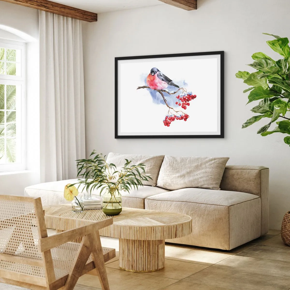 Affiche dans un cadre noir - Poster - Oiseau sur une branche avec des fruits rouges sur fond aquarelle - 100x70cm - L'hiver en couleurs - Décoration murale moderne pour le salon et la chambre ARTTOR