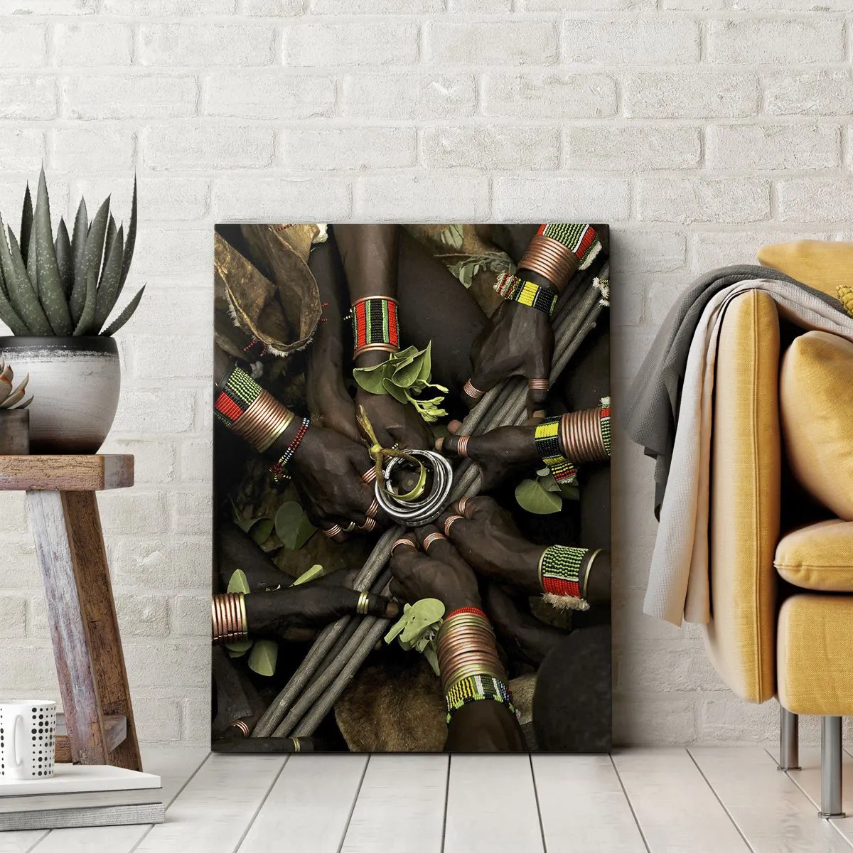 Impression sur toile - Image sur toile - Bracelets de main traditionnels dans un groupe de mains - 70x100cm - Nous sommes ensemble - Décoration murale moderne pour le salon et la chambre ARTTOR