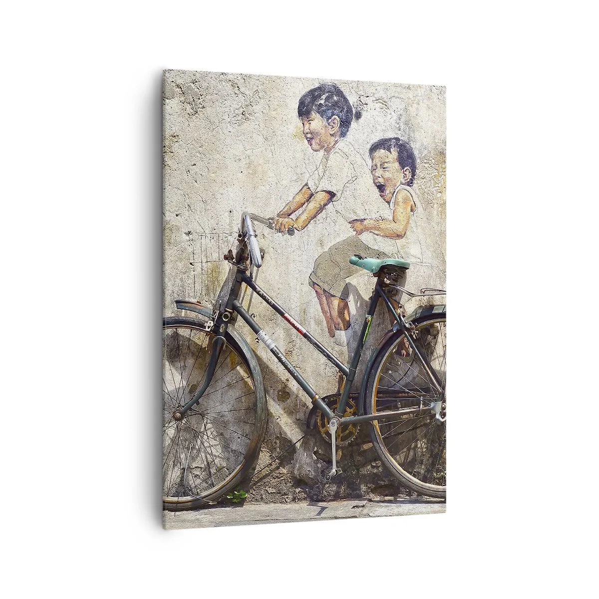 Impression sur toile - Image sur toile - Street art avec un vélo et des dessins d'enfants sur le mur - 70x100cm - Vrai ou faux? - Décoration murale moderne pour le salon et la chambre ARTTOR