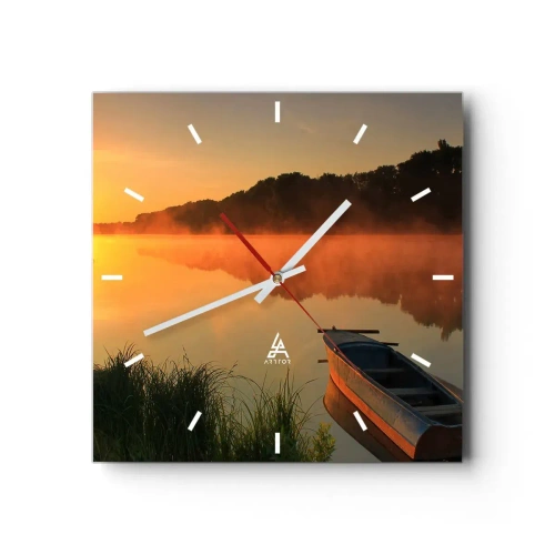 Horloge murale - Pendule murale - Brouillard matinal sur la rivière avec un bateau sous les rayons du soleil - 30x30cm - Lever du soleil sur l'eau comme un miroir - Décoration murale moderne pour le salon et la chambre ARTTOR