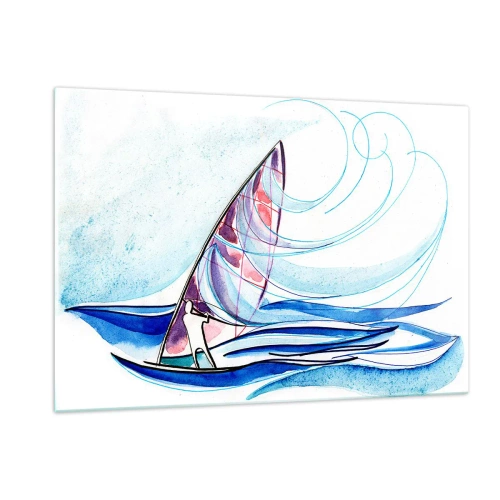 Impression sur verre - Image sur verre - Un voilier sur les vagues dans un style aquarelle - 120x80cm - Avec le vent au rythme des vagues - Décoration murale moderne pour le salon et la chambre ARTTOR