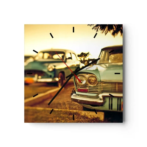 Horloge murale - Pendule murale - Voitures classiques dans la chaude lumière du coucher du soleil - 30x30cm - Nous attendrons et verrons - Décoration murale moderne pour le salon et la chambre ARTTOR