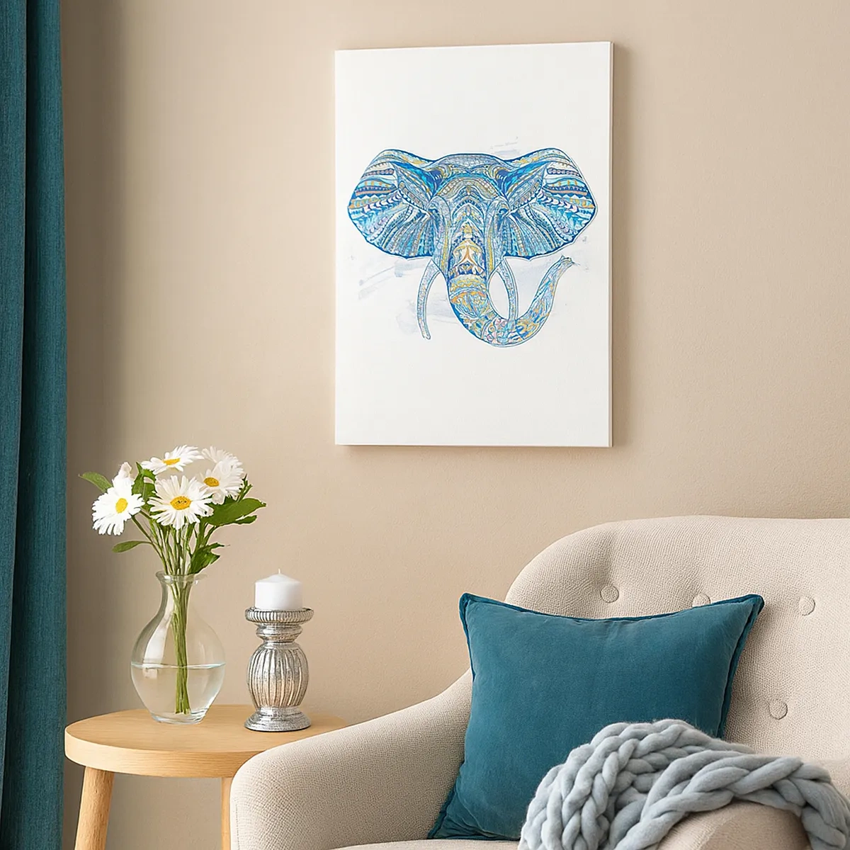 Impression sur toile - Image sur toile - Éléphant géométrique dans les tons bleu et or - 50x70cm - Incrusté d'or et de bleu ciel - Décoration murale moderne pour le salon et la chambre ARTTOR