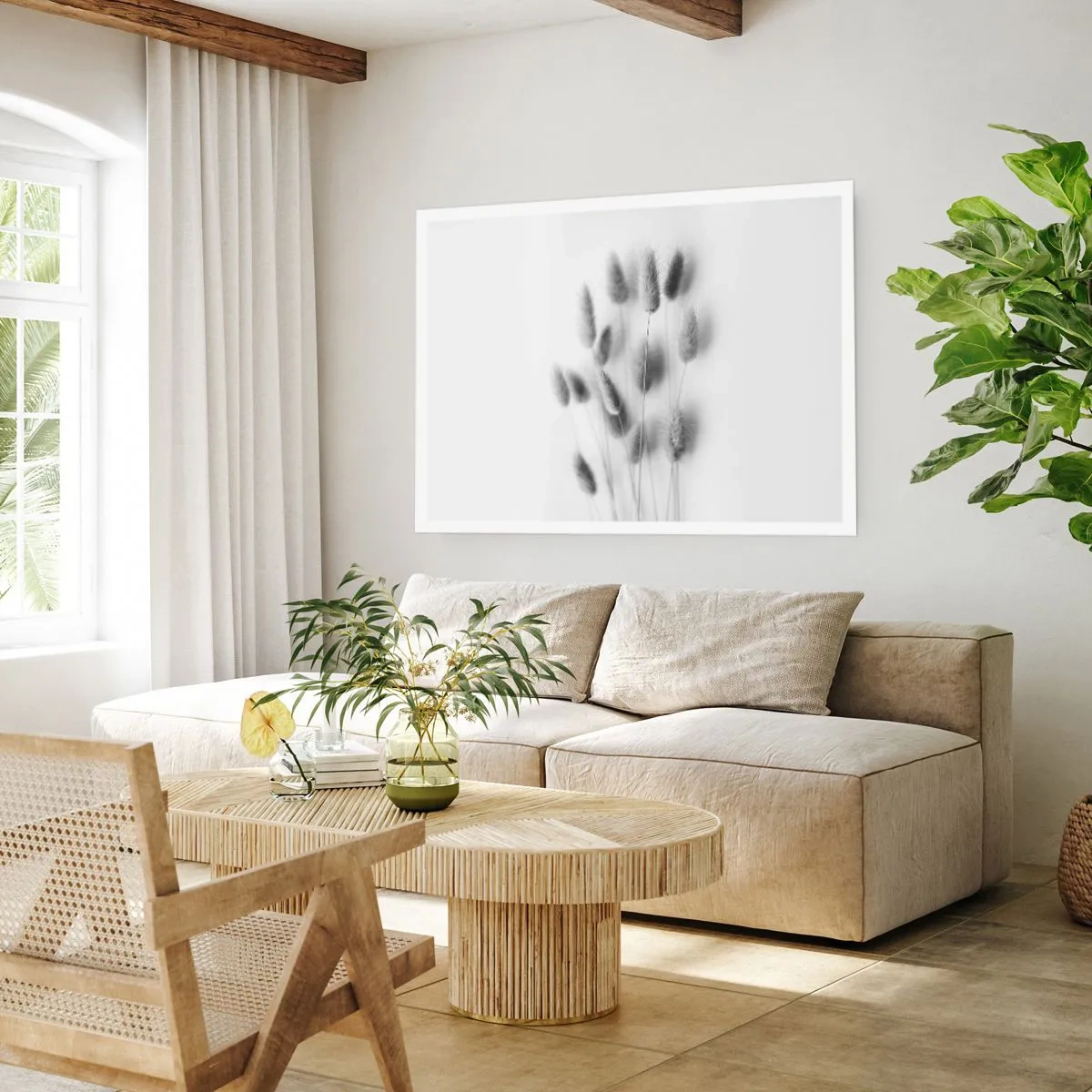 Affiche - Poster - Graminées délicates dans des tons de gris sur fond blanc - 100x70cm - Son herbe duveteuse - Décoration murale moderne pour le salon et la chambre ARTTOR