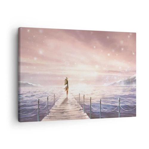 Impression sur toile - Image sur toile - Une femme sur une jetée dans un décor de coucher de soleil magique - 70x50cm - A la lumière d'un rêve - Décoration murale moderne pour le salon et la chambre ARTTOR