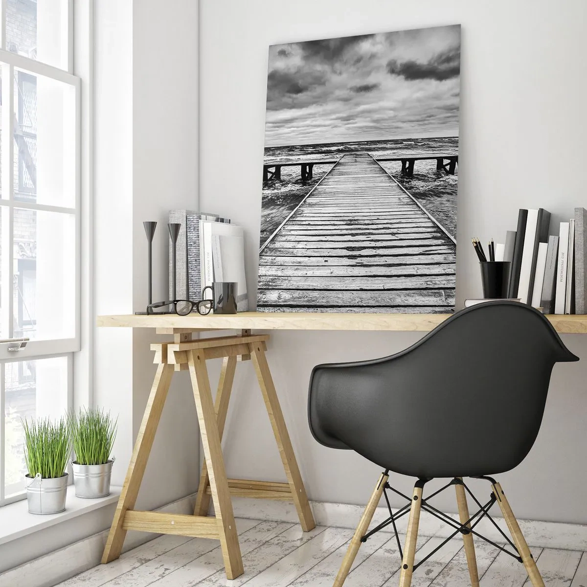 Impression sur verre - Image sur verre - Une jetée noire et blanche au milieu de vagues agitées - 50x70cm - J'attends que le vent, ça le chassera... - Décoration murale moderne pour le salon et la chambre ARTTOR