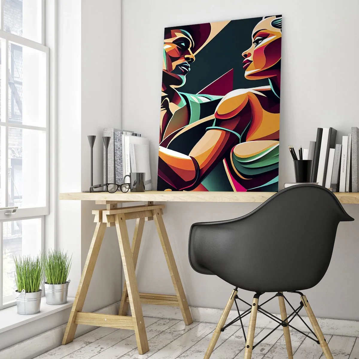 Impression sur verre - Image sur verre - Un couple stylisé dansant dans des couleurs vibrantes et géométriques. - 80x120cm - Au rythme du coeur - Décoration murale moderne pour le salon et la chambre ARTTOR