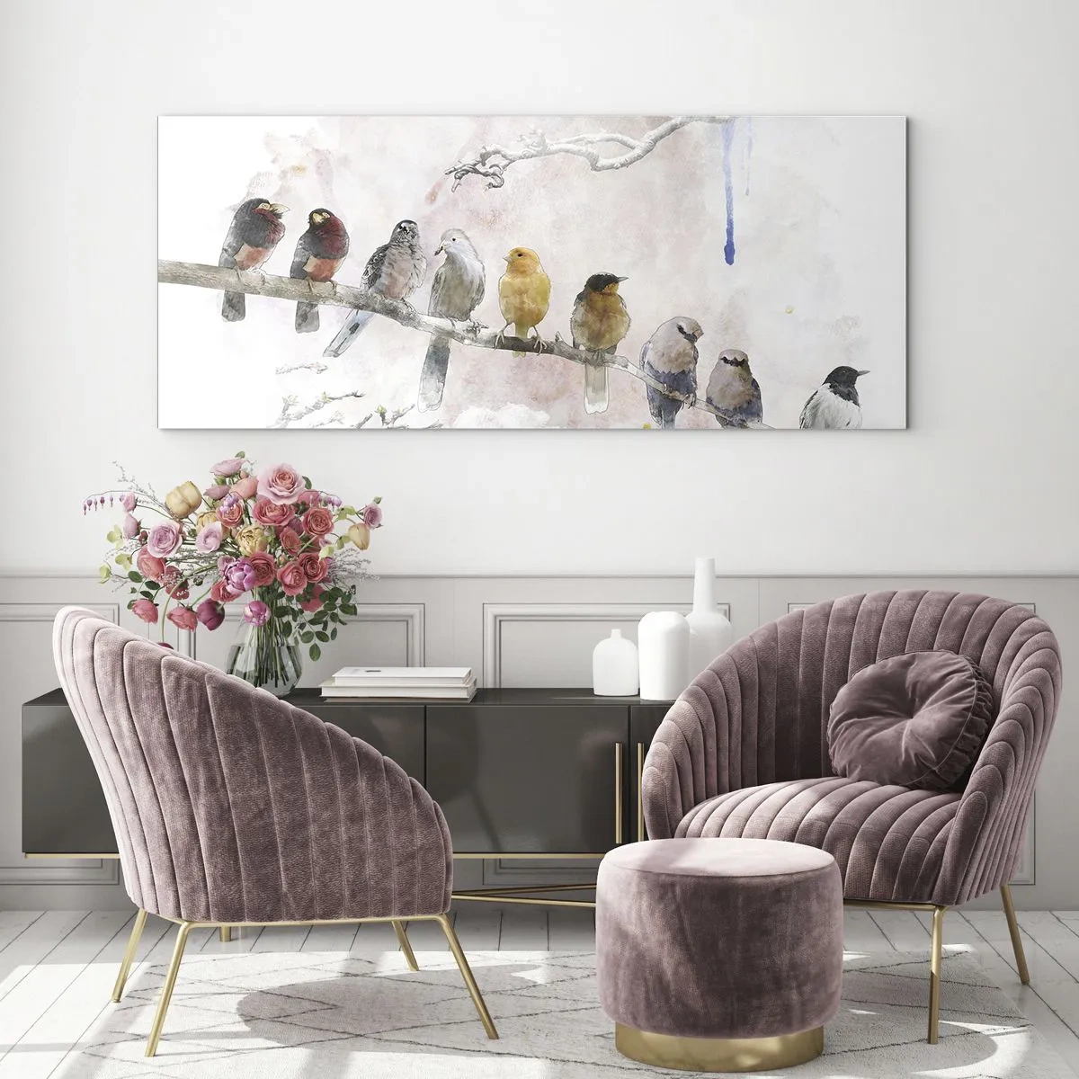 Impression sur verre - Image sur verre - Oiseaux colorés sur une branche dans un style aquarelle - 160x50cm - Rencontre ailée - Décoration murale moderne pour le salon et la chambre ARTTOR