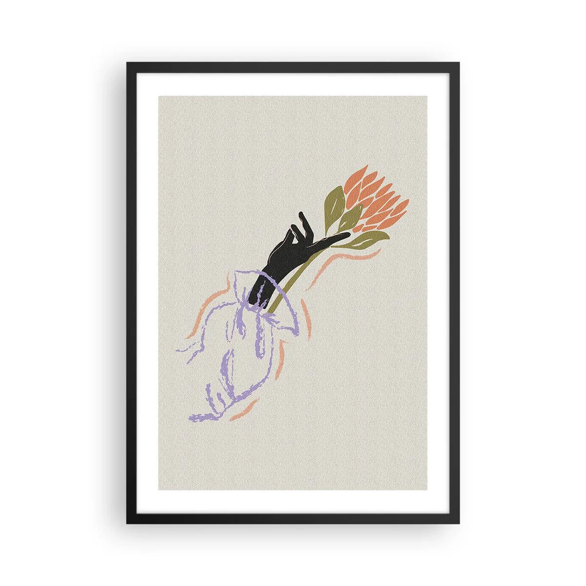 Affiche dans un cadre noir - Poster - Dessin abstrait d'une main tenant un bouquet de fleurs - 50x70cm - Touche fraternelle - Décoration murale moderne pour le salon et la chambre ARTTOR