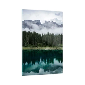 Impression sur verre - Image sur verre - Un paysage de montagne avec une forêt et un lac reflétant le ciel - 70x100cm - Chut, chut, ne réveillons pas l'eau qui dort - Décoration murale moderne pour le salon et la chambre ARTTOR