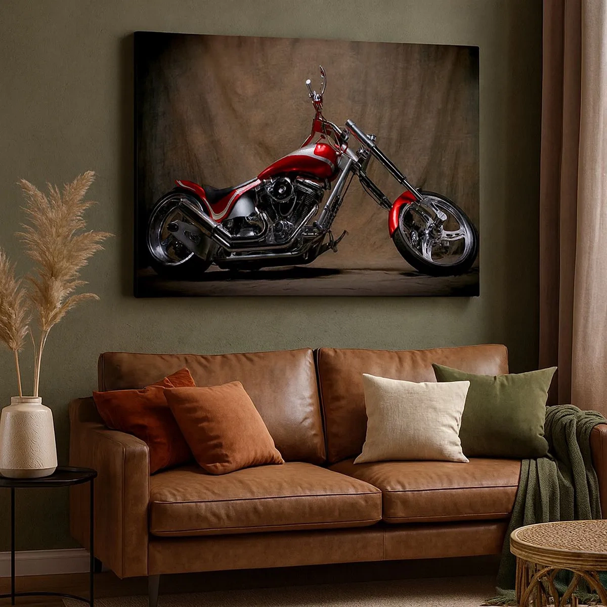 Impression sur toile - Image sur toile - Moto customisée rouge sur fond de tissu marron - 70x50cm - Beauté rouge-argent - Décoration murale moderne pour le salon et la chambre ARTTOR