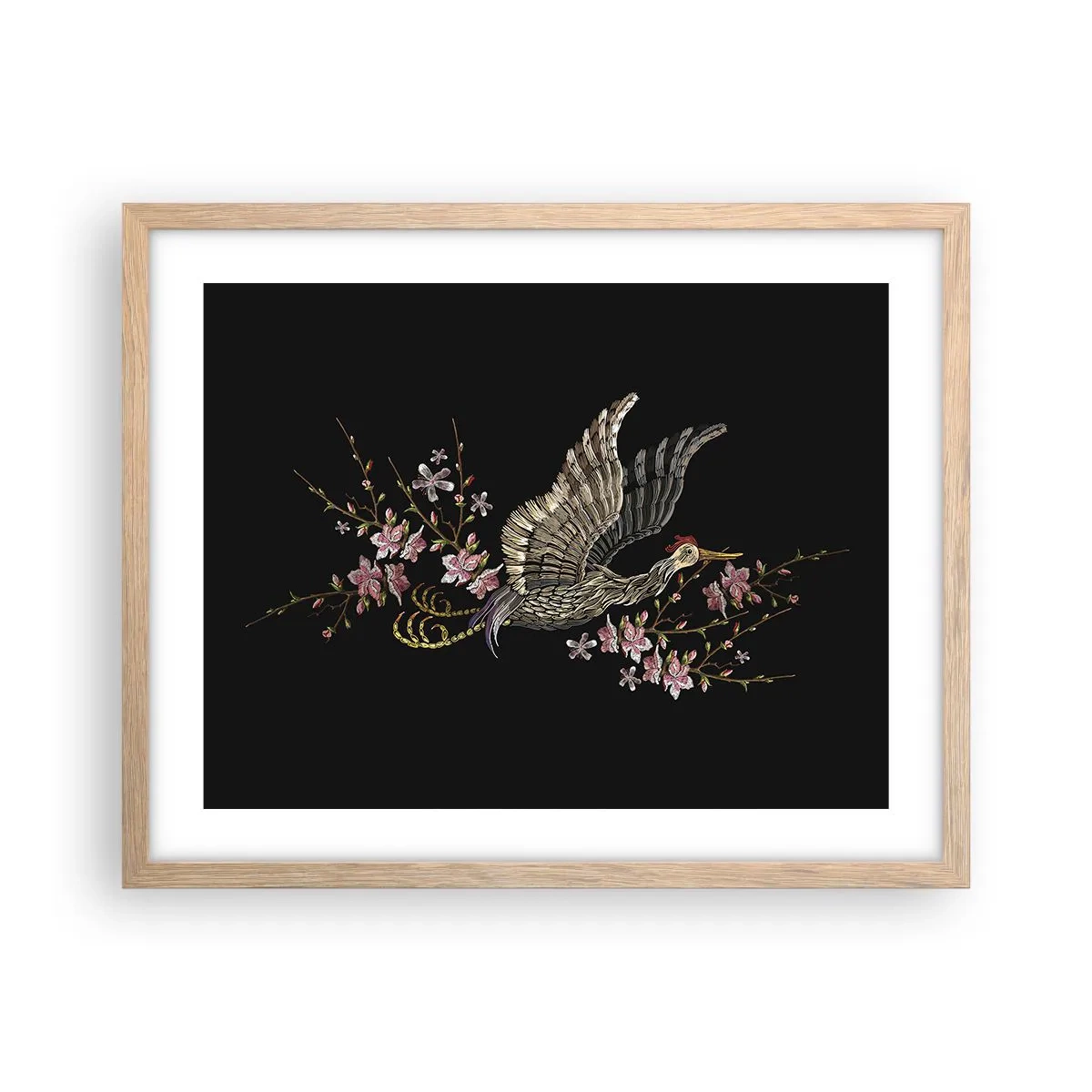 Affiche dans un chêne clair - Poster - Oiseau brodé exotique - 50x40 cm